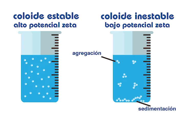 Coloides estables e inestables, con agregación y sedimentación.